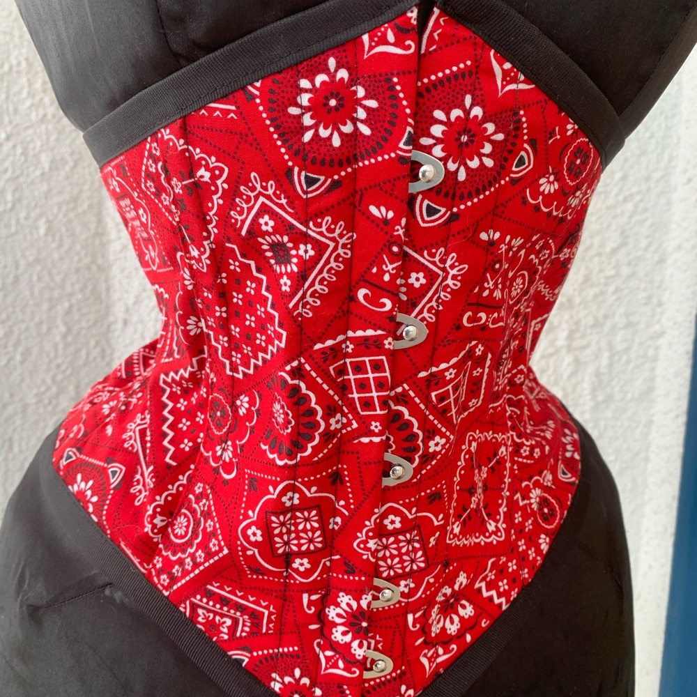 Handmade 25”Underbust Corset Steel Boned Coutil-Lined WaistTrainer Red Bandana
